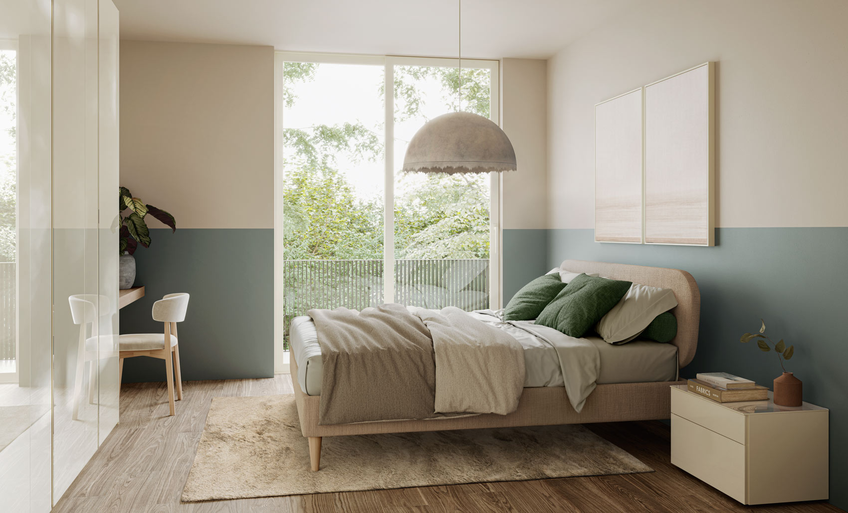 Immagine camera con armadio e letto in tinte neutre e rilassanti Pensarecasa Alcamo