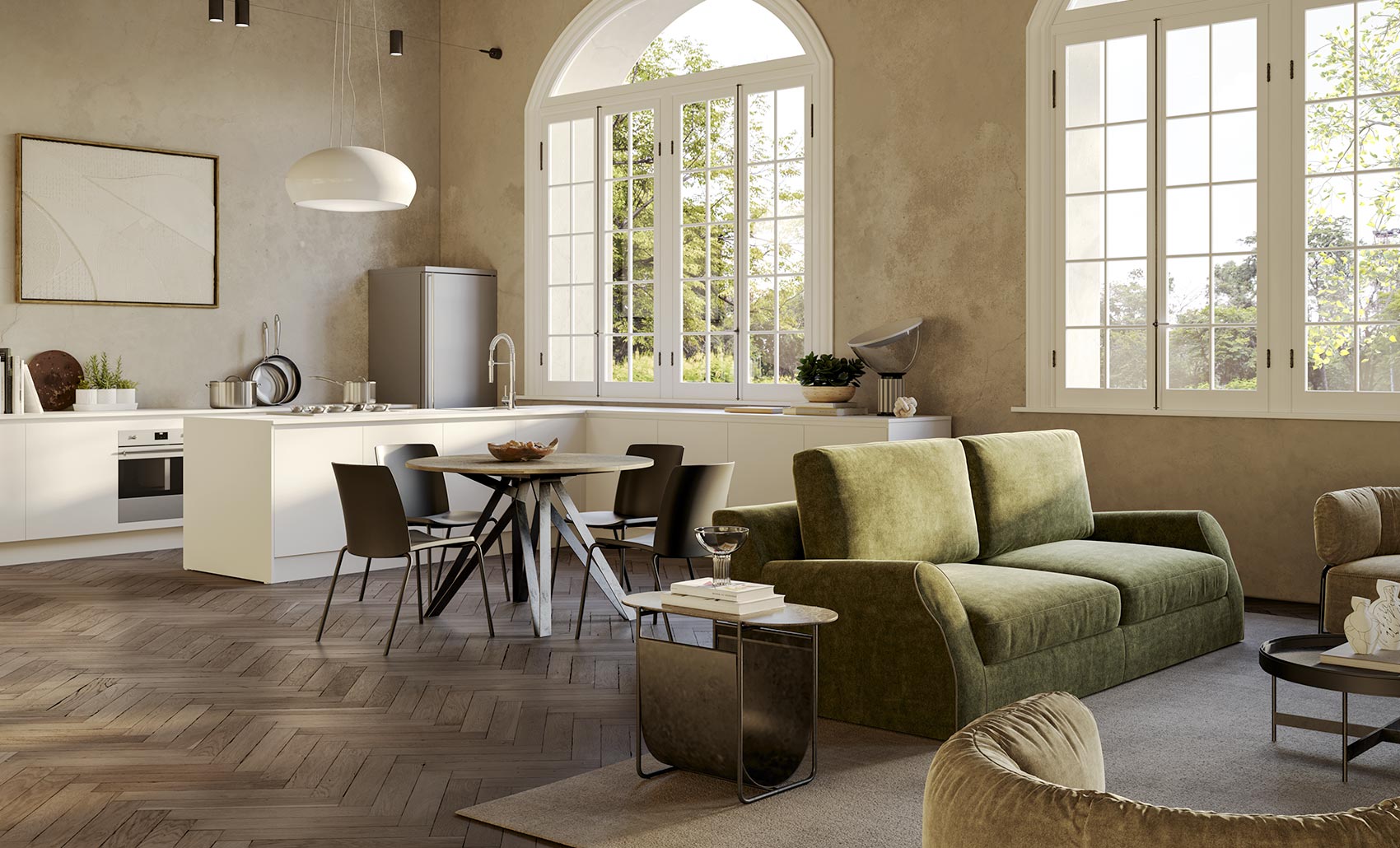 Immagine cucina e soggiorno open space con tavolo e divano Pensarecasa Alcamo