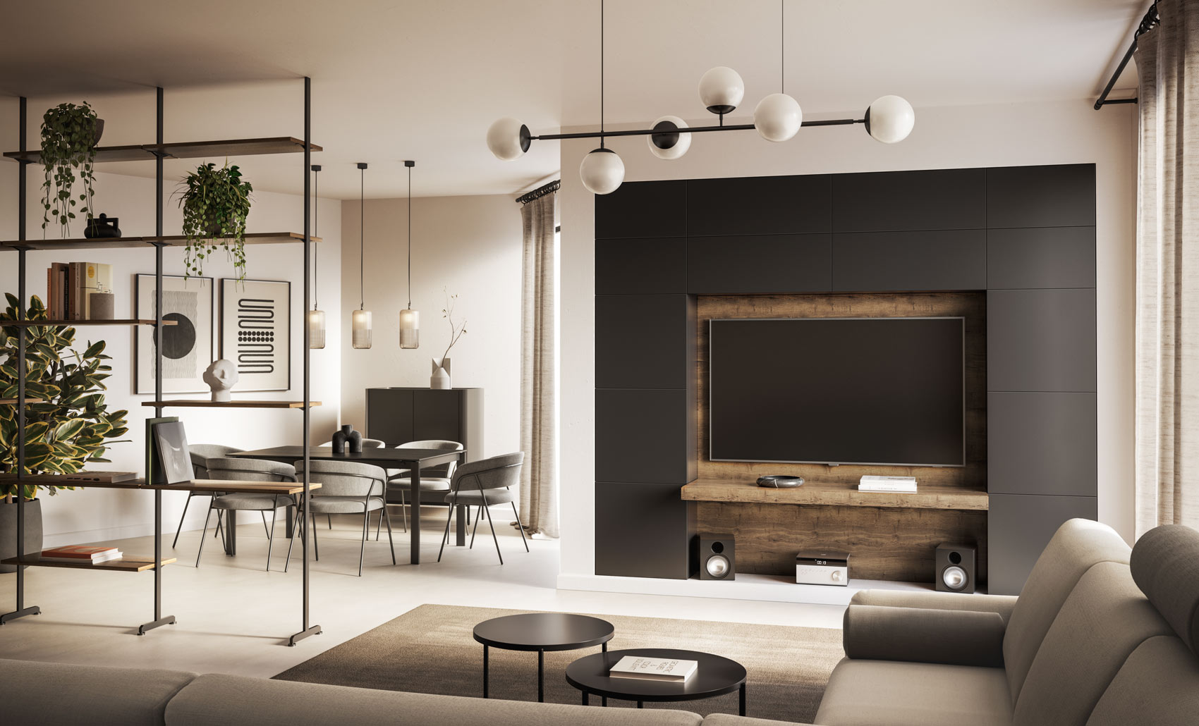 Immagine soggiorno con sala da pranzo e parete attrezzata per TV in nero metallizzato e rovere tabacco Pensarecasa Alcamo